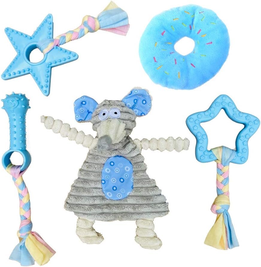 5-Pack Soft Rubber and Plush Puppy Teething Set